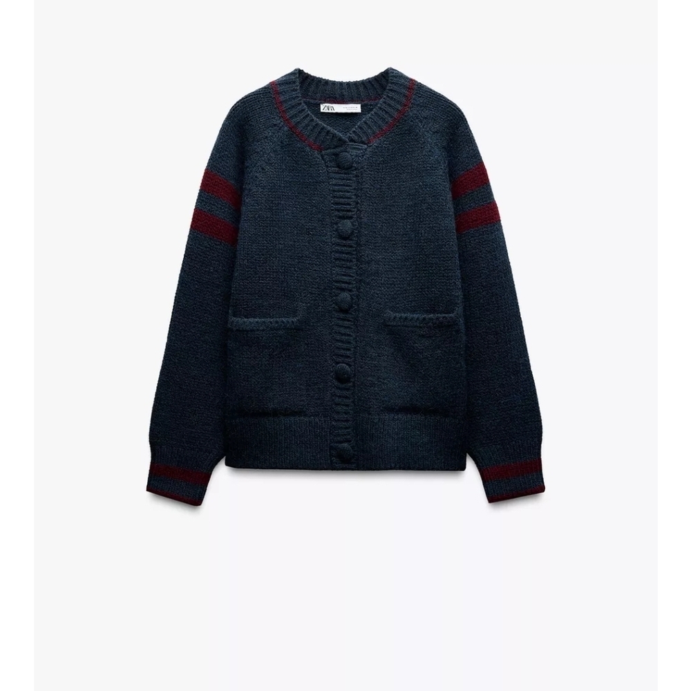 Zara Navy Blue Cardigan with Red Stripes